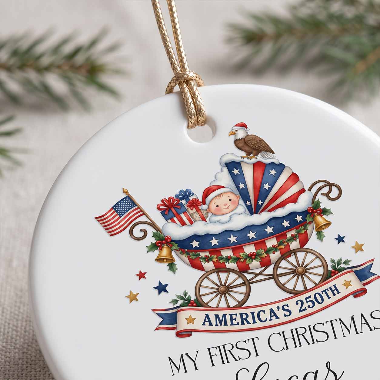 America's 250th Baby Carriage My First Christmas Custom Name Newborn Patriotic Round Ceramic Christmas Ornament