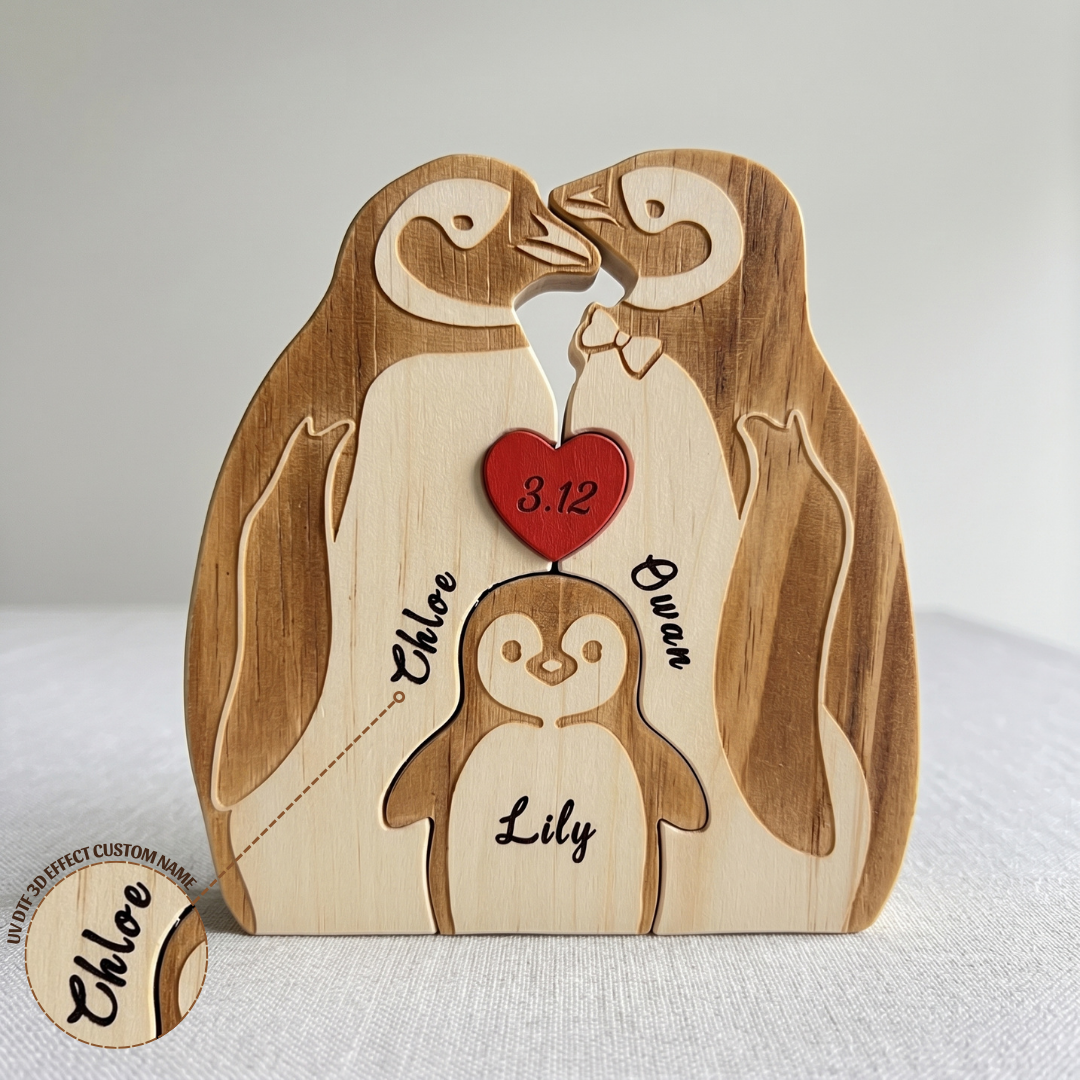 Personalized Penguin 3 Pieces Family Edition Custom Wooden Puzzle