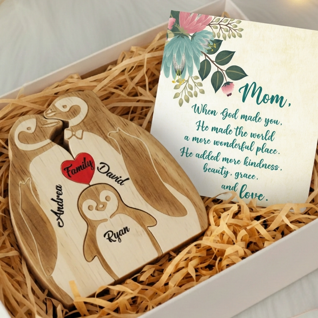 Personalized Penguin 3 Pieces Family Edition Custom Wooden Puzzle