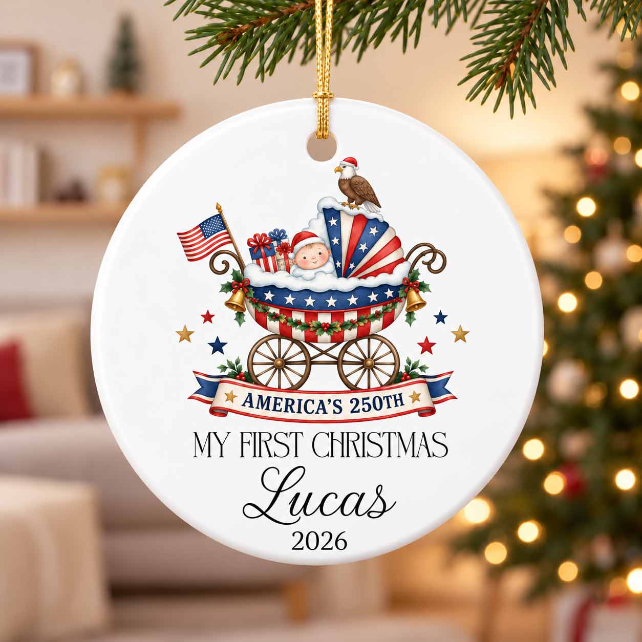 America's 250th Baby Carriage My First Christmas Custom Name Newborn Patriotic Round Ceramic Christmas Ornament