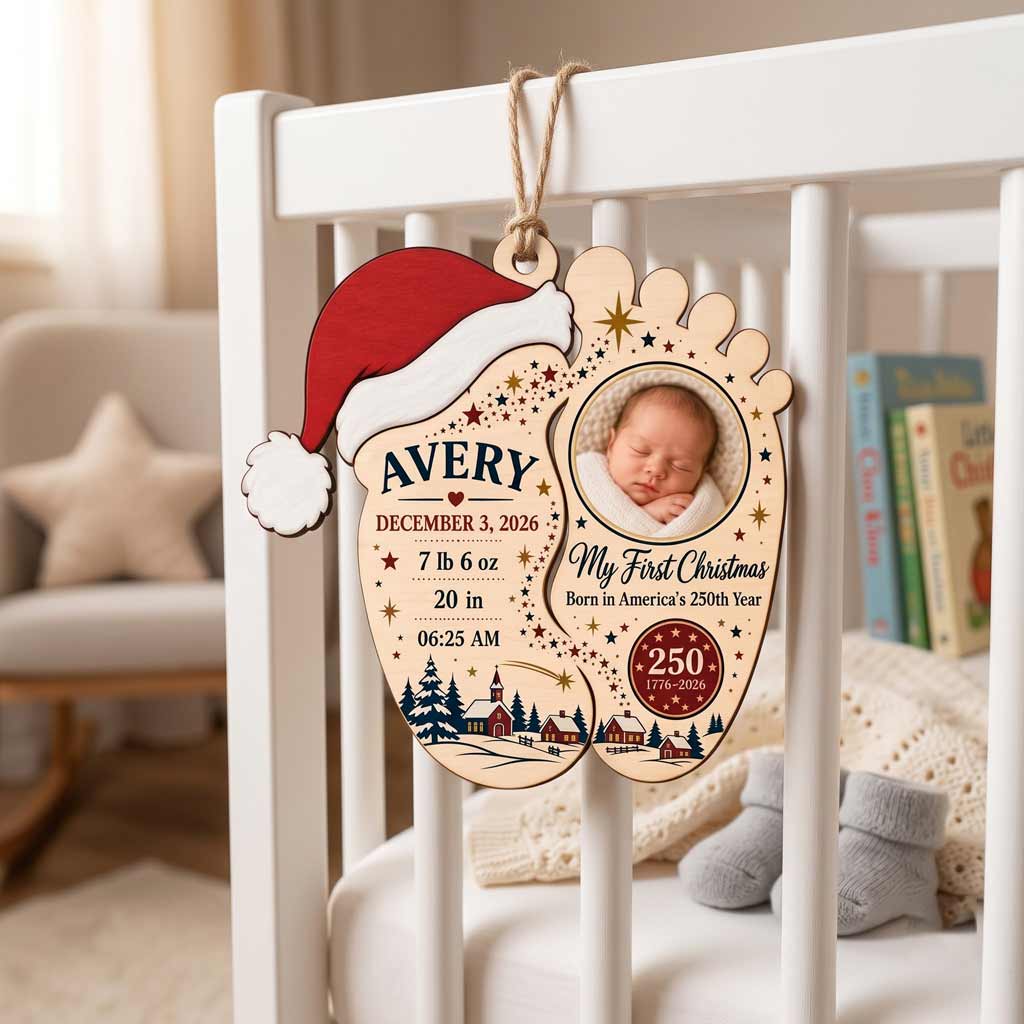 My First Christmas Baby Born in America's 250th Year Custom Name Date Photo Birth Details Wooden Ornament
