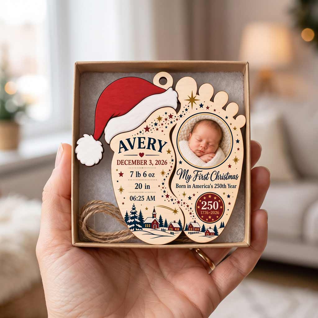 My First Christmas Baby Born in America's 250th Year Custom Name Date Photo Birth Details Wooden Ornament