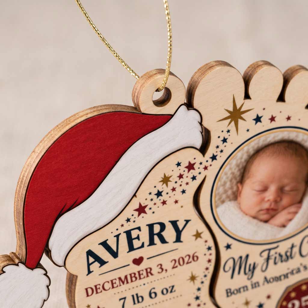 My First Christmas Baby Born in America's 250th Year Custom Name Date Photo Birth Details Wooden Ornament