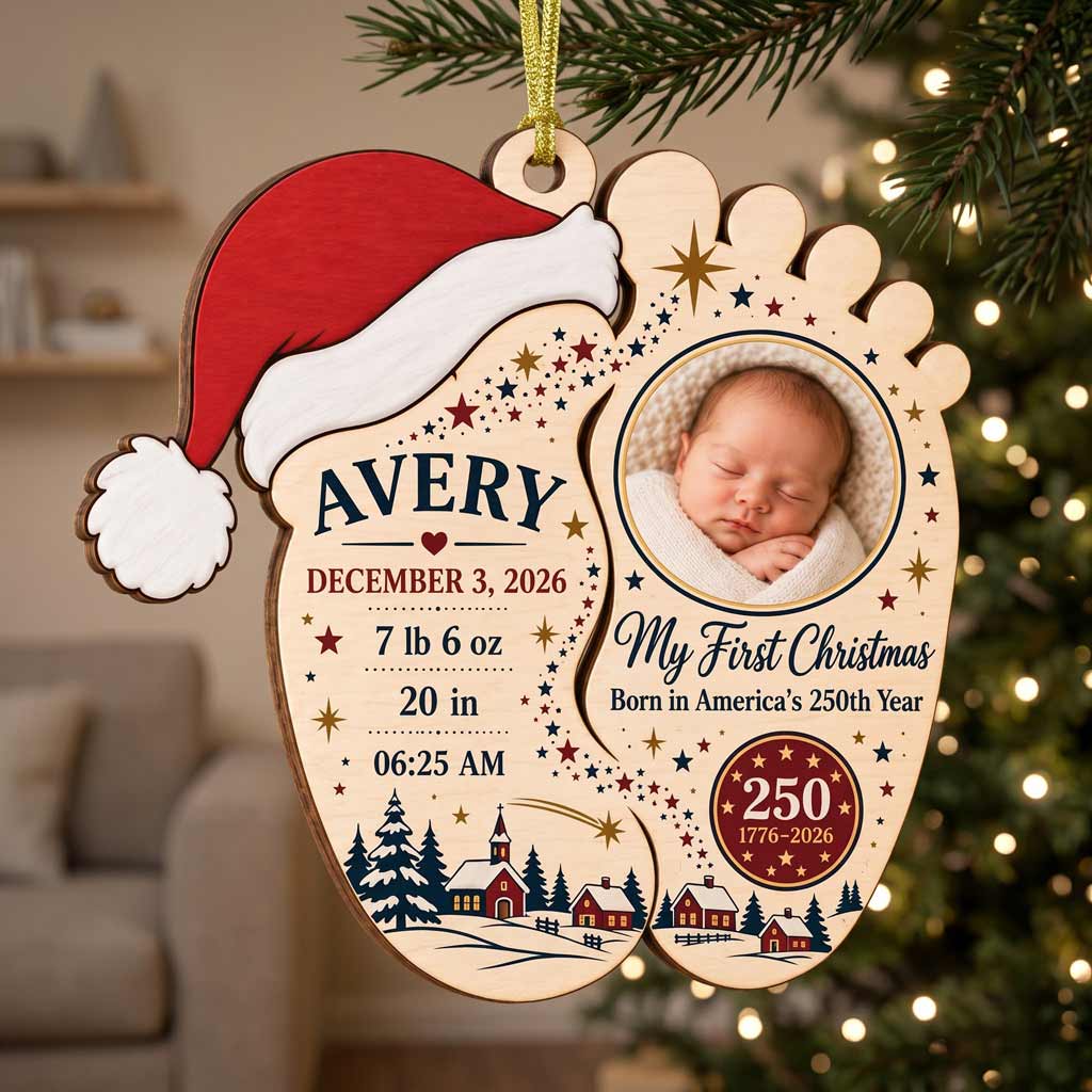 My First Christmas Baby Born in America's 250th Year Custom Name Date Photo Birth Details Wooden Ornament