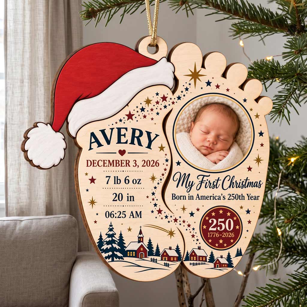My First Christmas Baby Born in America's 250th Year Custom Name Date Photo Birth Details Wooden Ornament