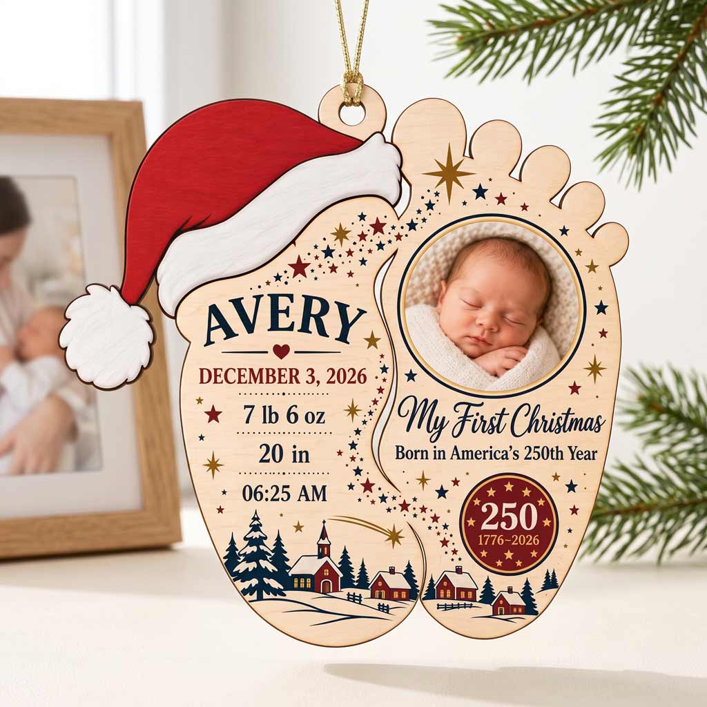My First Christmas Baby Born in America's 250th Year Custom Name Date Photo Birth Details Wooden Ornament