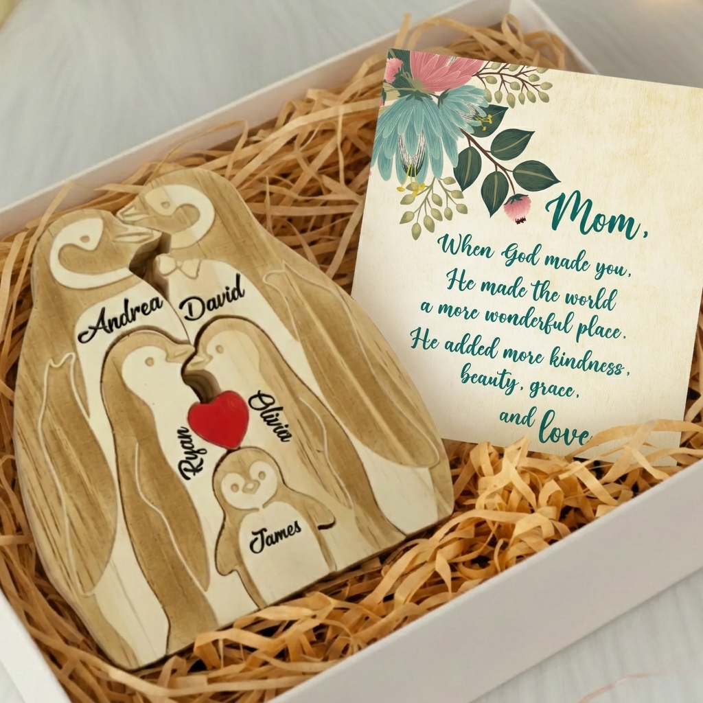 Personalized Penguin 4 Pieces Family Edition Custom Wooden Puzzle