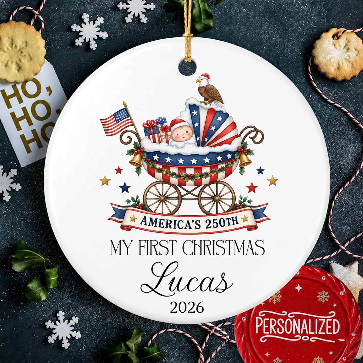 America's 250th Baby Carriage My First Christmas Custom Name Newborn Patriotic Round Ceramic Christmas Ornament