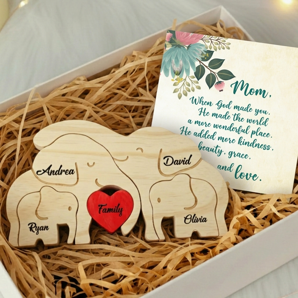 Personalized Elephant 4 Pieces Family Edition Custom Wooden Puzzle