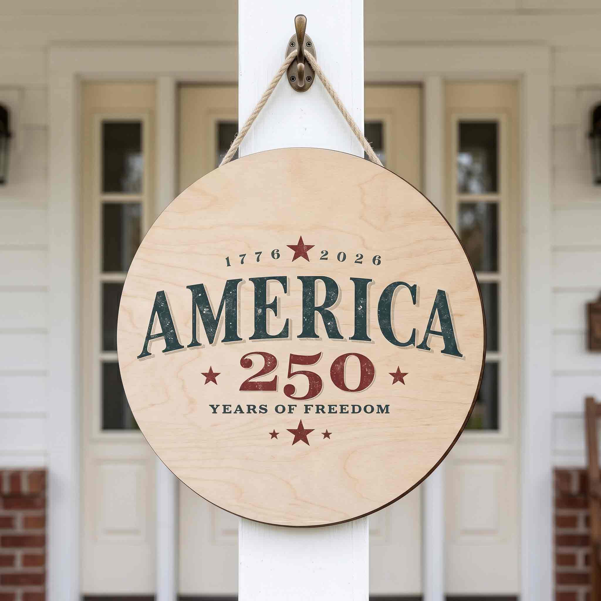 America 250 Years of Freedom Round Rustic Patriotic Wooden Sign