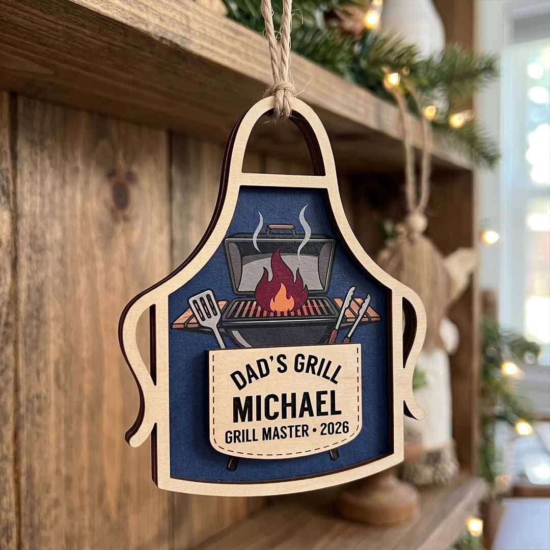 Dad's Grill Apron Personalized Custom Name Date Family 2-Layer Wooden Christmas Ornament Grill Master Christmas Gift for Dad