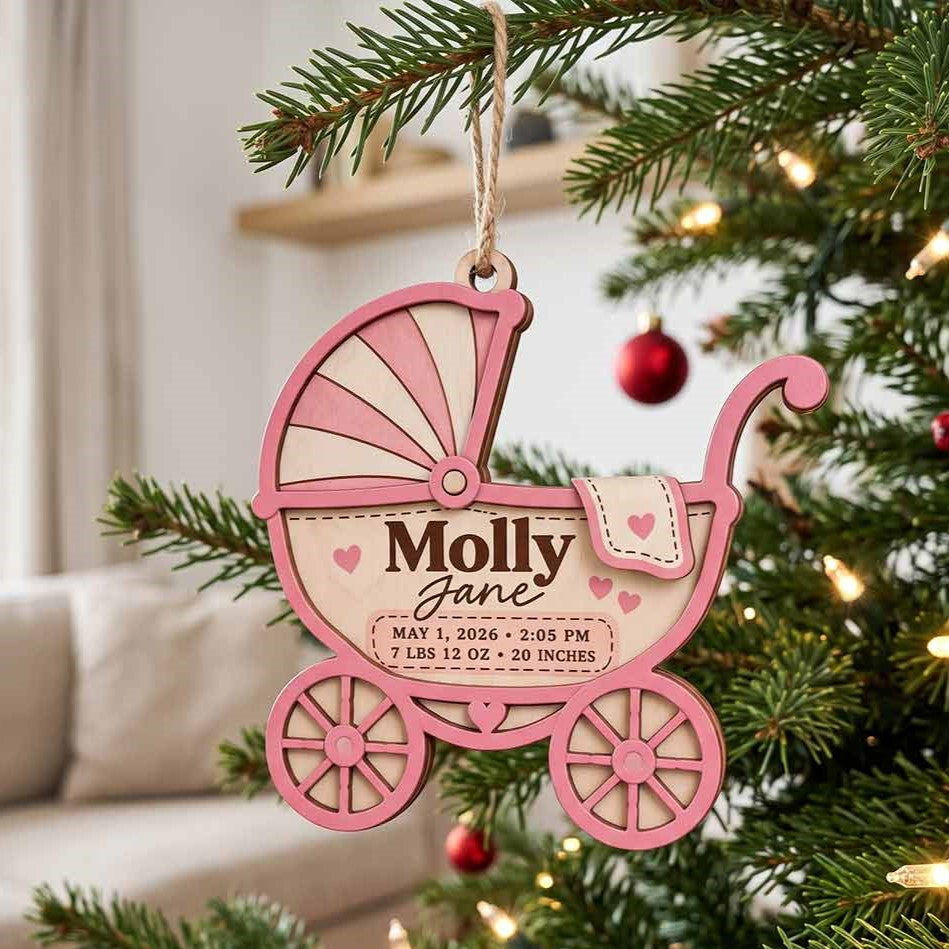 Baby Carriage Birth Announcement Personalized Custom Name Date Time Weight Length Newborn 2-Layer Wooden Christmas Ornament for New Baby Keepsake