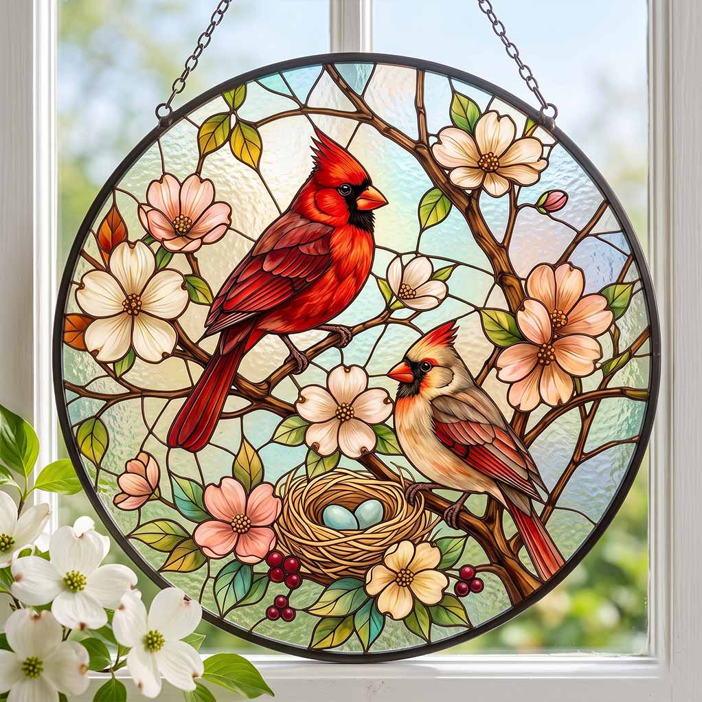 Cardinal Couple Nest Floral Bird Lover Gift Nature Window Decor Couple Stained Glass Suncatcher Christmas Ornament