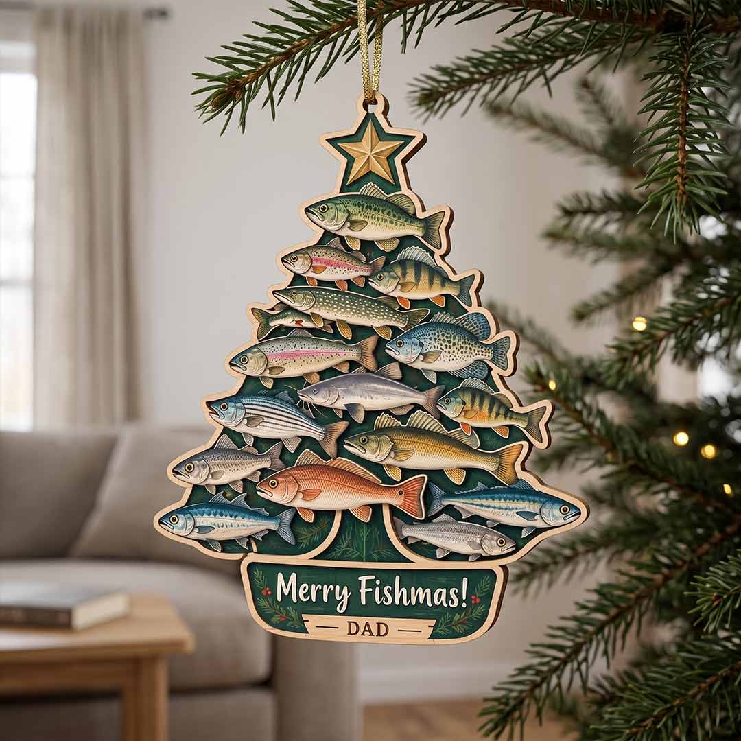 Merry Fishmas Fishing Tree Holiday Keepsake Personalized Custom Name Fishing 1-Layer Wooden Christmas Ornament for Fishing Lovers