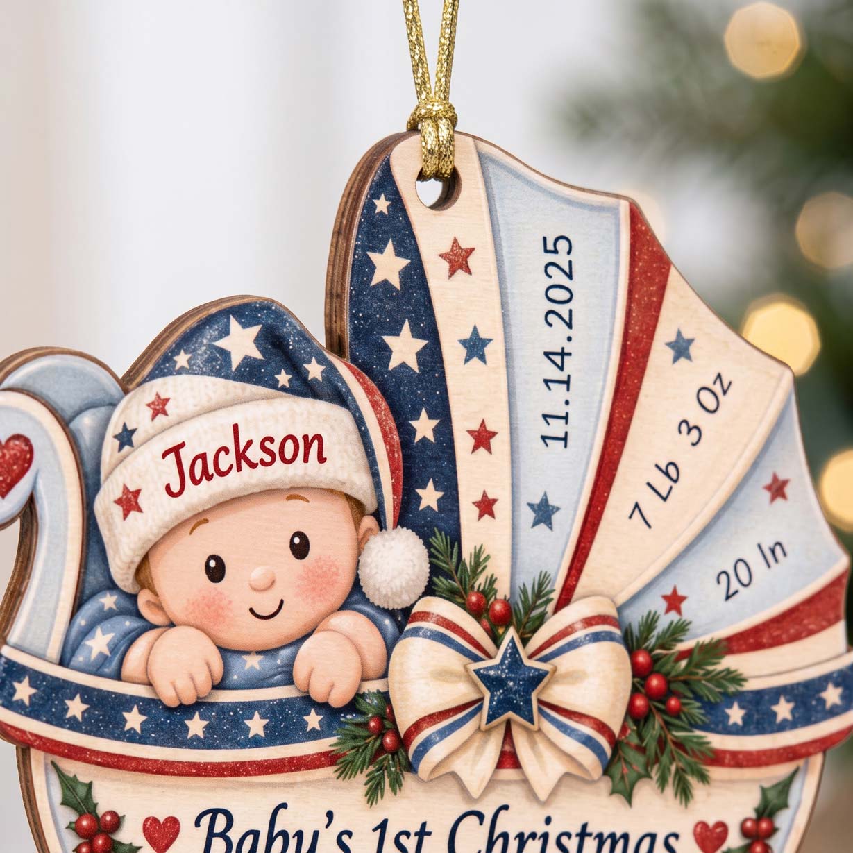Baby's 1st Christmas America's 250th Year Patriotic Baby Carriage Custom Name Date Weight Length Newborn Wooden Ornament