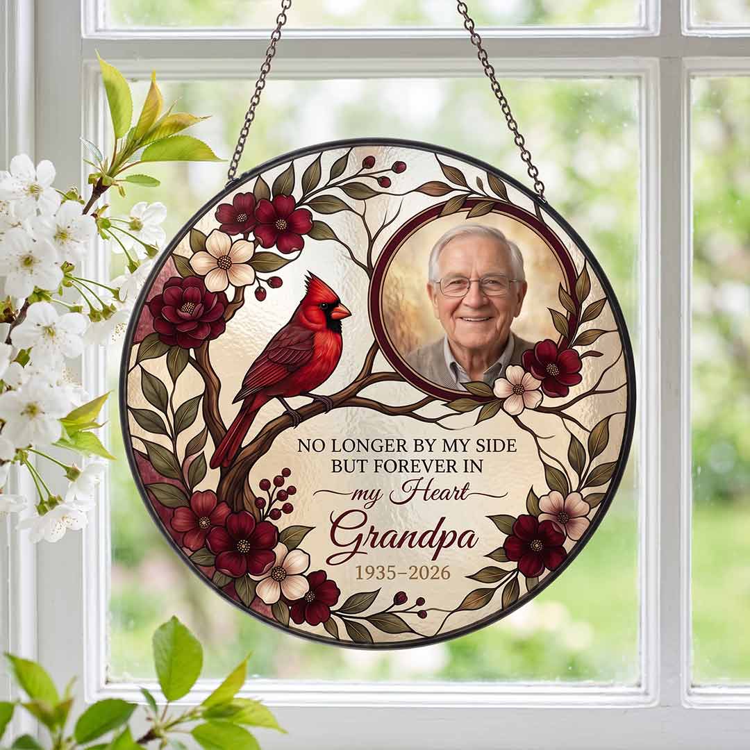 Grandpa Memorial Cardinal Personalized Custom Name Date Photo Loved One Memorial Keepsake Stained Glass Suncatcher Ornament for Loss of Grandpa
