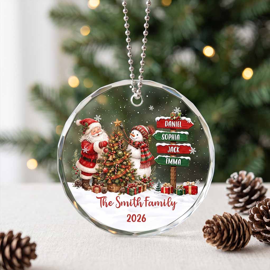 Santa and Snowman Christmas 2026 Holiday Keepsake Personalized Custom Name Date Family Round Glass Christmas Ornament for Family Gift