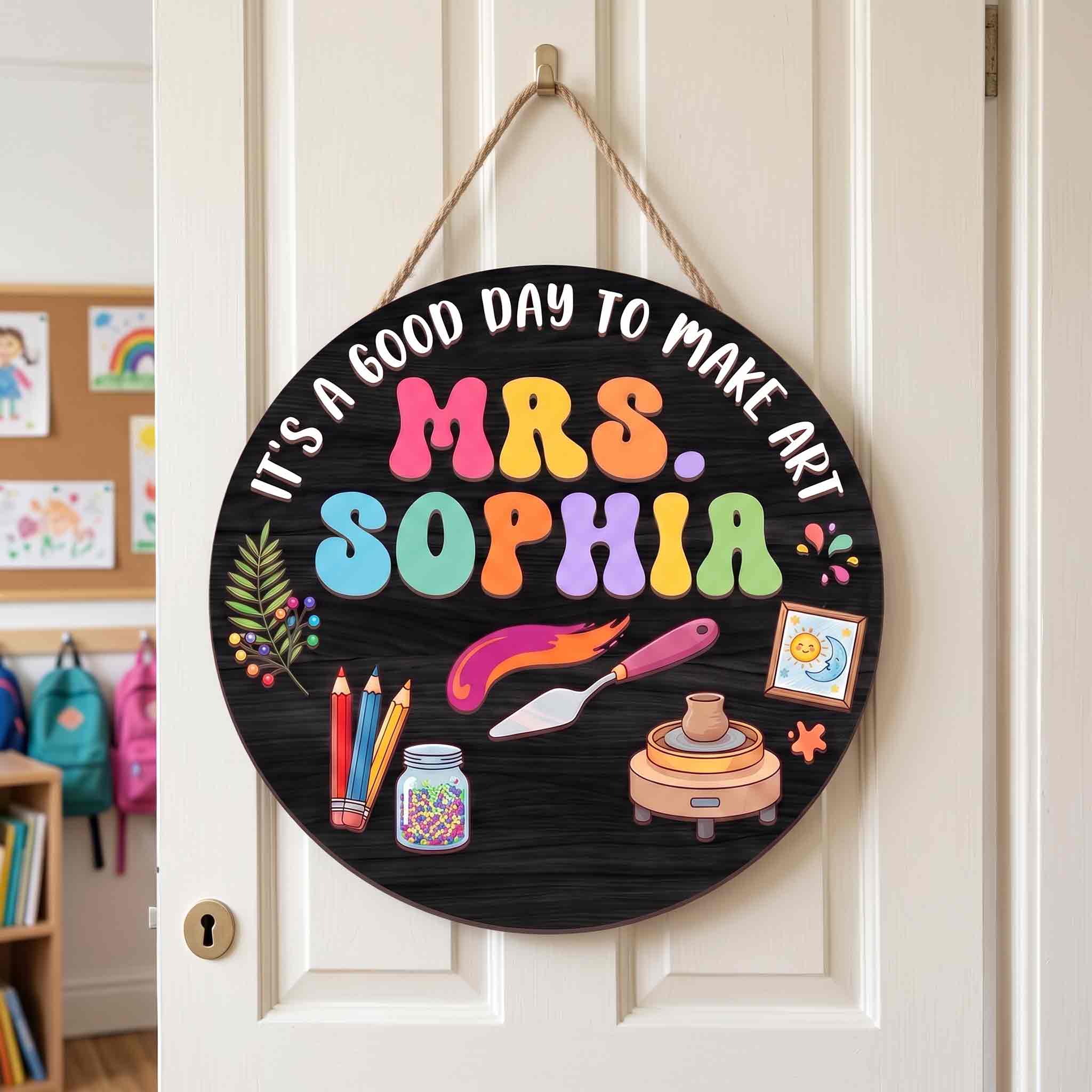 Personalized Art Teacher Classroom Door Hanger Wooden Sign, Custom Art Room Welcome Sign