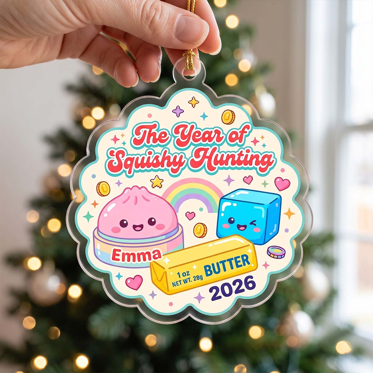 Rainbow Squishy Hunting Butter Ice Cube Custom Name Date Acrylic Christmas Ornament Cute