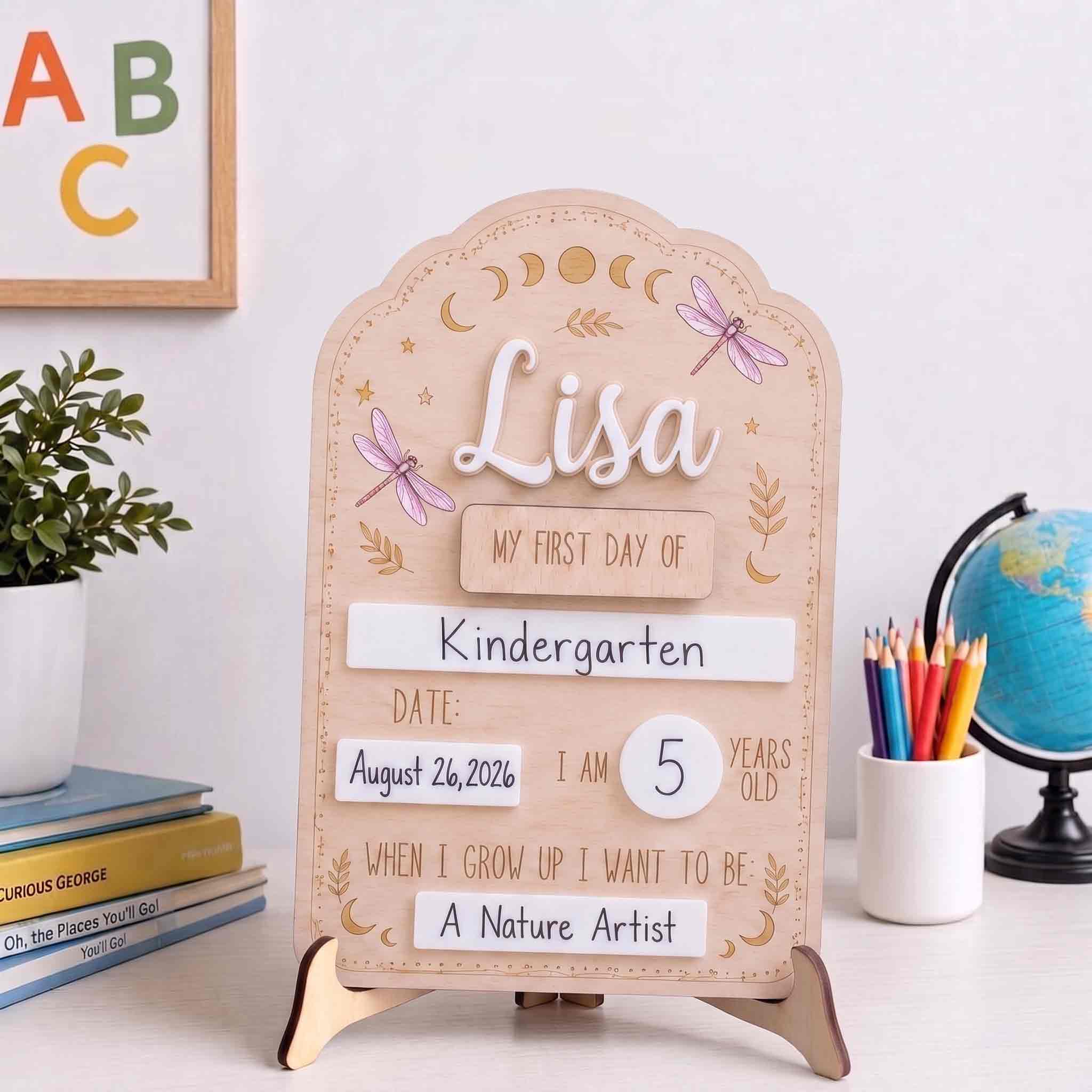 Personalized Moon Phase Dragonfly First & Last Day School Board, Reusable Dry Erase Board, Back to School Sign