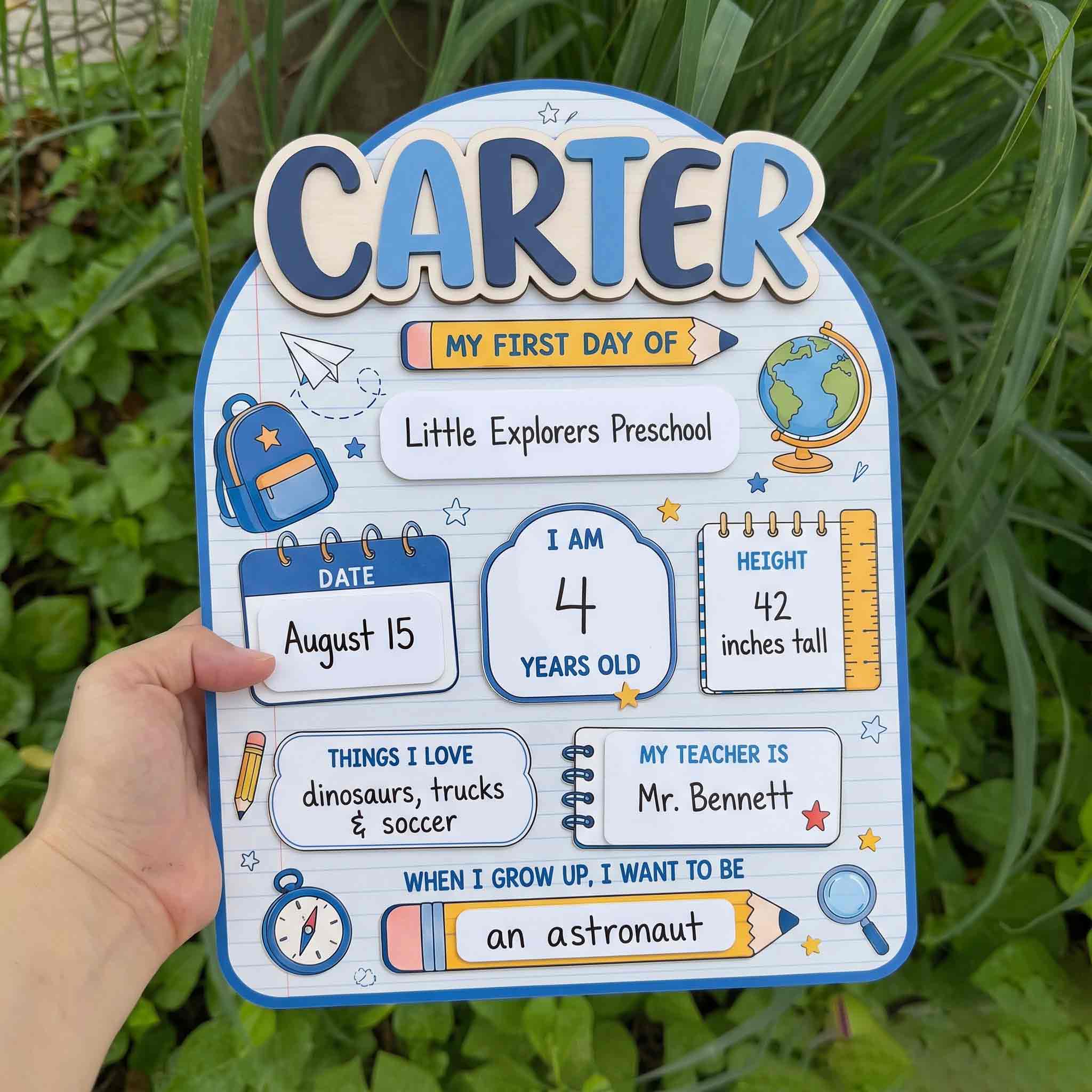 Personalized Blue Classroom Adventure First & Last Day School Sign, Reusable Dry Erase Board, Back to School Sign