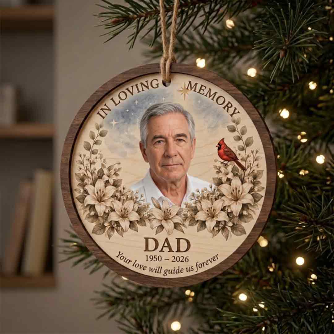 In Loving Memory Dad Floral Portrait Personalized Custom Name Date Photo Memorial 2-Layer Wooden Christmas Ornament Memorial Gift for Loss of Dad