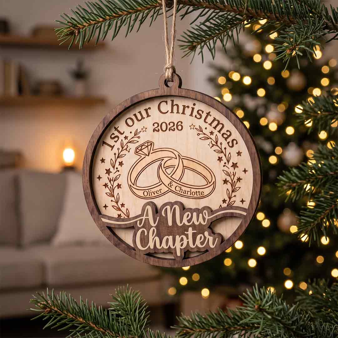 Our New Chapter Wedding Rings Personalized Custom Name Date First Wedding 2-Layer Wooden Christmas Ornament for Newlyweds Wedding Gift