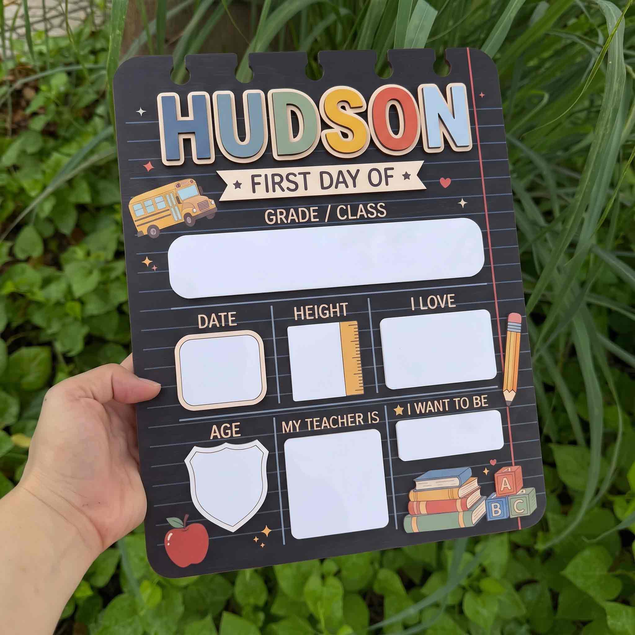Personalized Grid Notebook Lines First & Last Day School Sign, Reusable Dry Erase Board, Back to School Sign