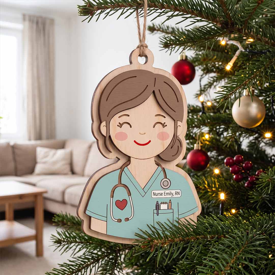 Nurse Portrait Personalized Custom Name Nurse 2-Layer Wooden Christmas Ornament Nurse Appreciation Christmas Gift
