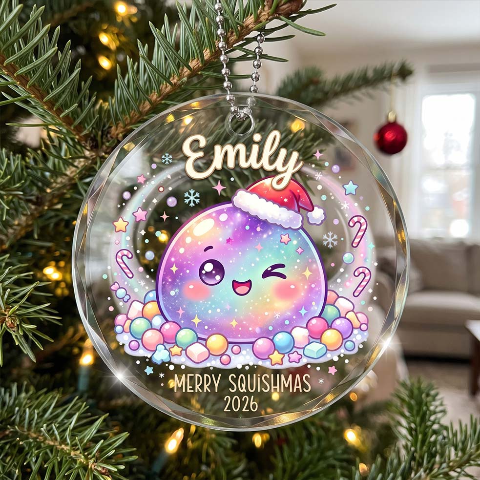 Merry Squishmas Santa Squishy Custom Name Date Round Glass Christmas Ornament Cute