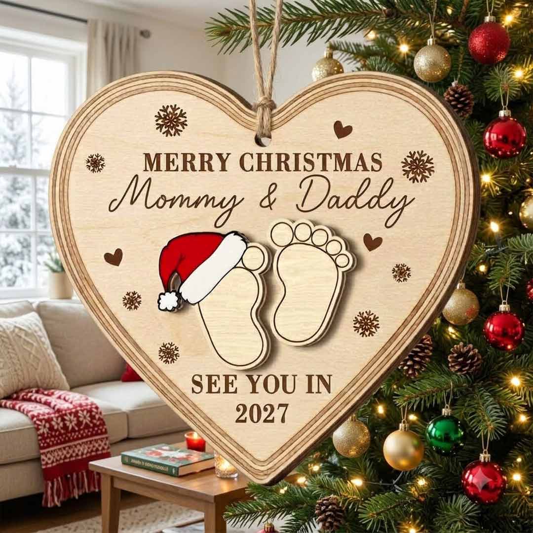 Merry Christmas Mommy and Daddy See You in 2027 Personalized Custom Name Date Newborn 2-Layer Wooden Christmas Ornament for Pregnancy Announcement