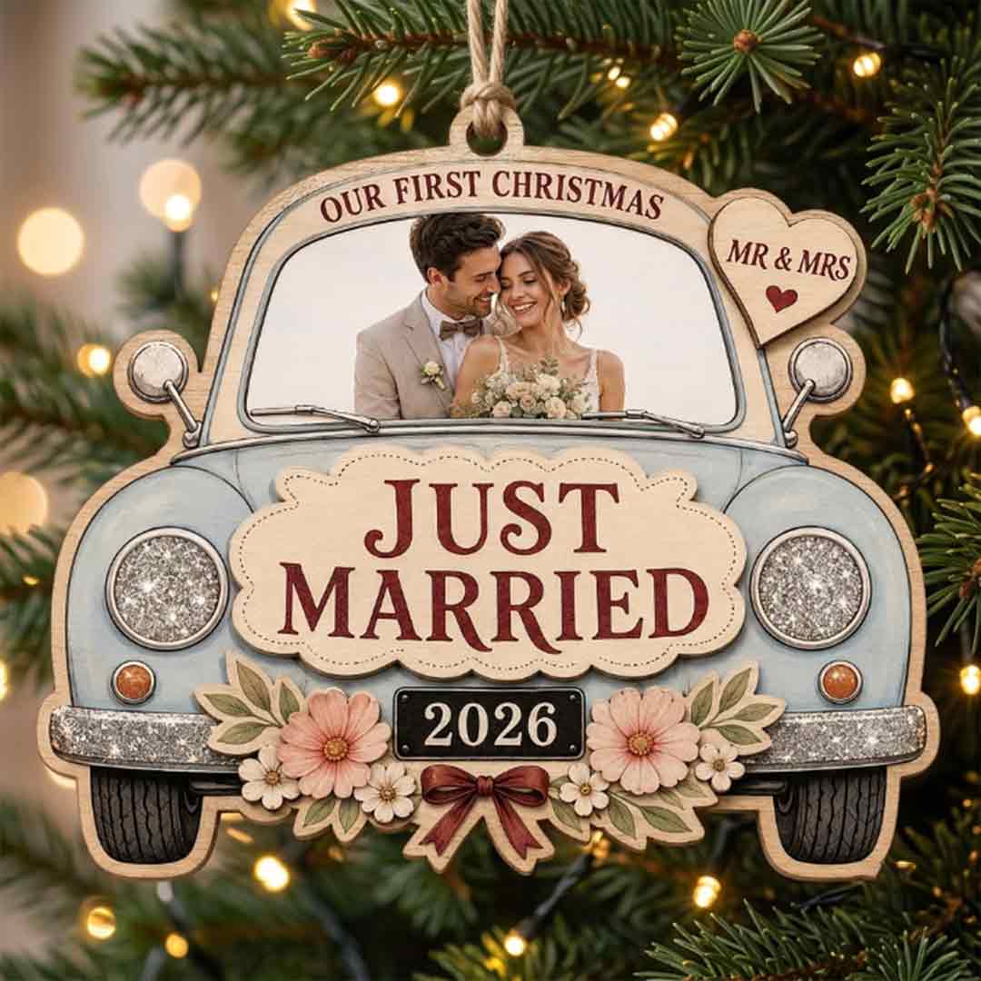 Just Married Wedding Car Personalized Custom Name Date Photo Wedding 2-Layer Wooden Christmas Ornament Newlywed Wedding Gift