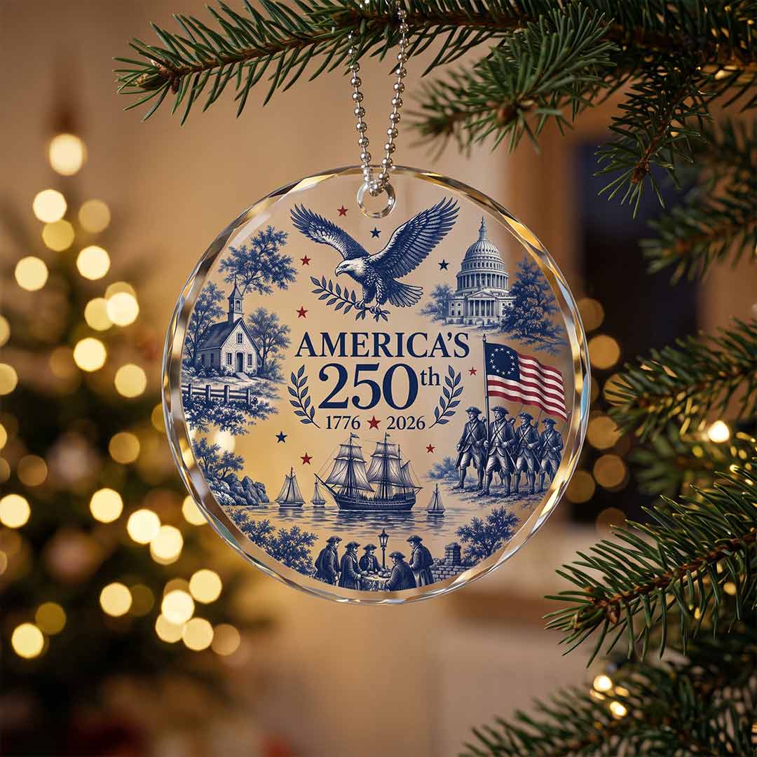 America's 250th Eagle Capitol Colonial Voyage Patriotic Keepsake Round Glass Christmas Ornament for American Families