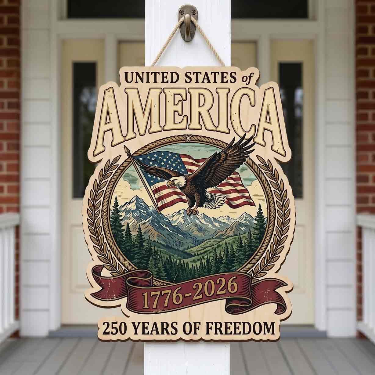 United States of America 250 Years of Freedom 1776-2026 Bald Eagle American Flag Patriotic Wooden Sign
