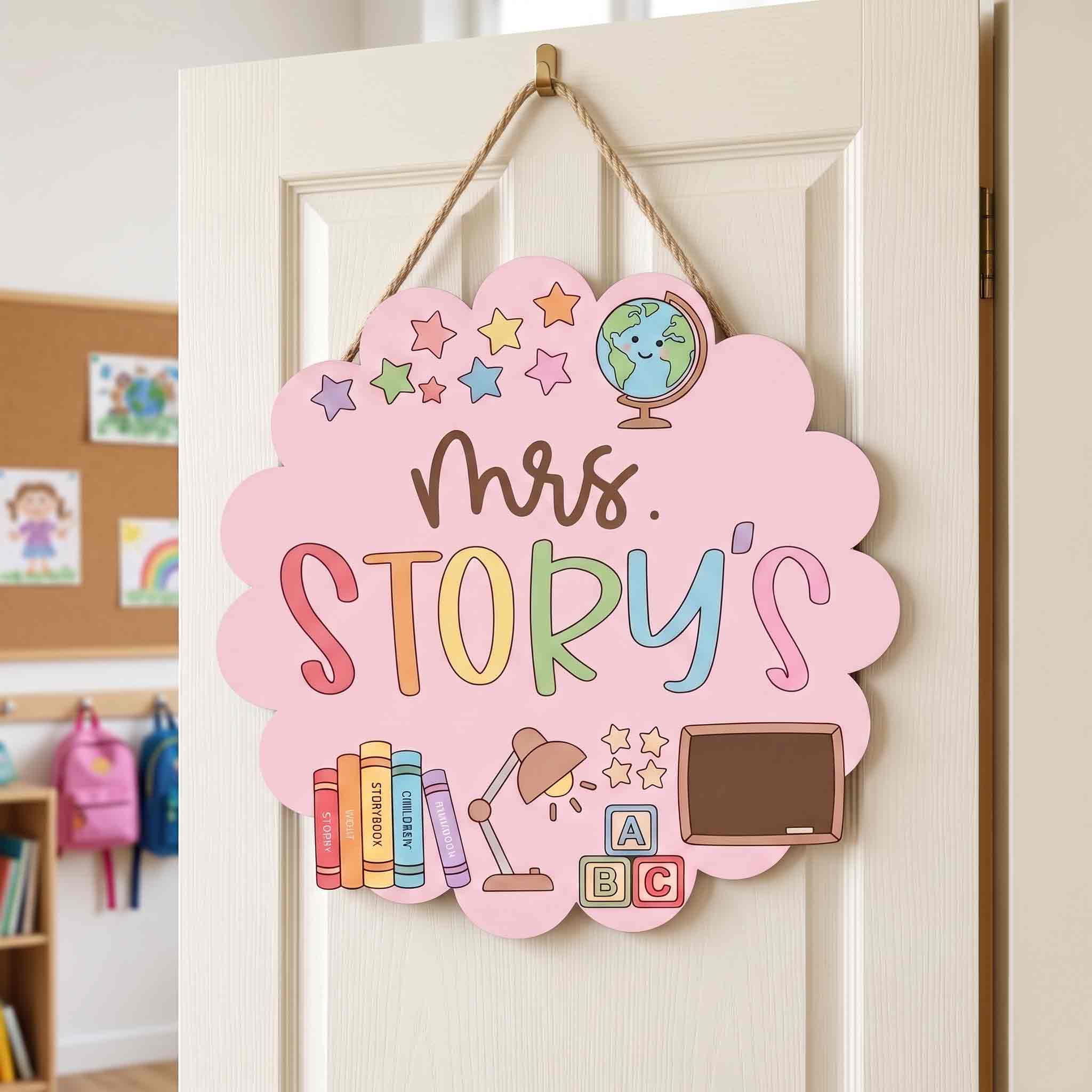 Personalized Pink Classroom Teacher Door Hanger Wooden Sign, Custom Teacher Name Welcome Sign