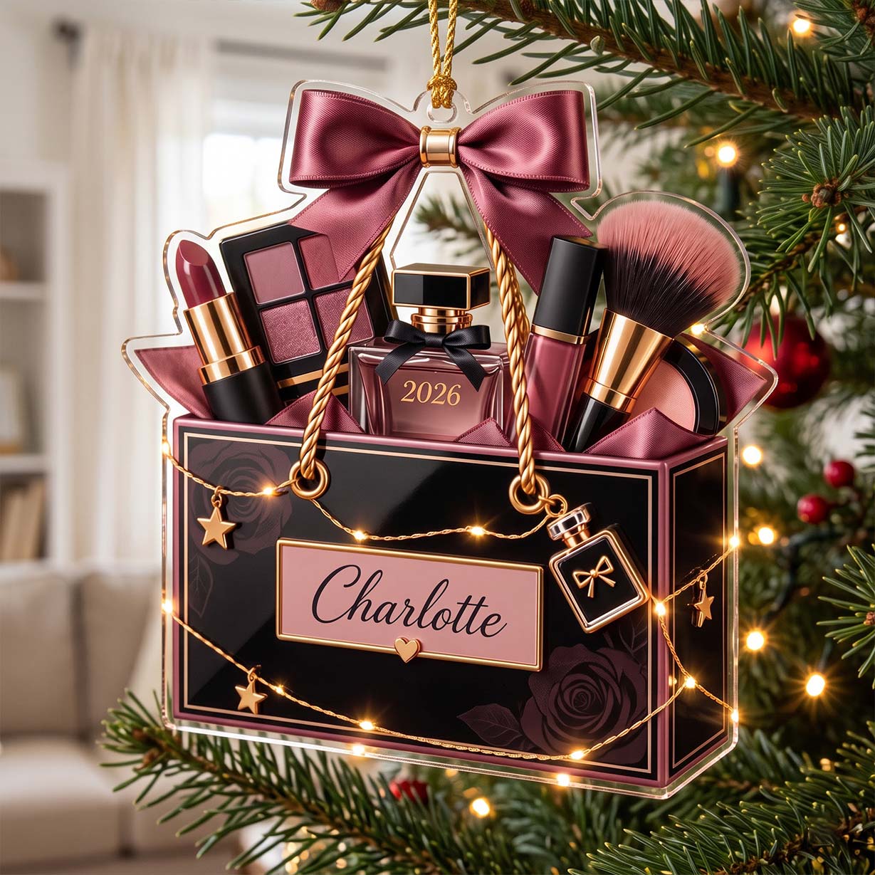 Black Rose Makeup Gift Box Cosmetic Brush Custom Name Date Acrylic Christmas Ornament Makeup Lover