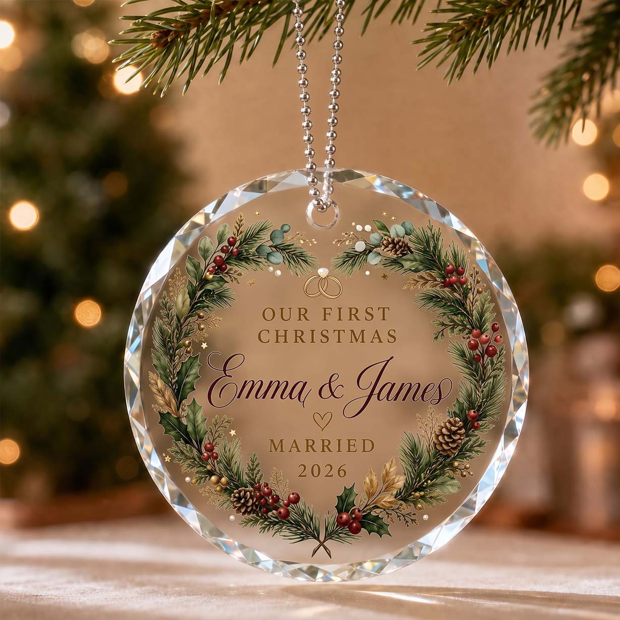 Our First Christmas Pine Berry Wreath Custom Names Date First Married Christmas Round Glass Christmas Ornament