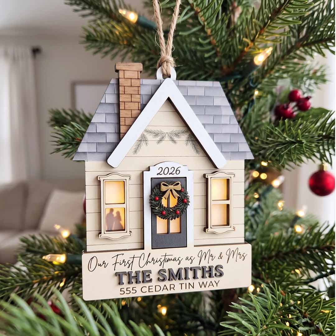 Our First Christmas as Mr and Mrs Personalized Couple Custom Name Date Address Wedding Gift Wooden Christma