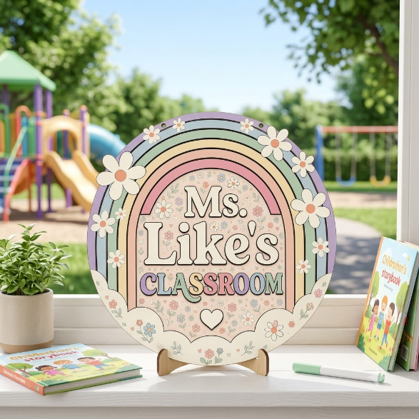Personalized Teacher Name Wooden Sign Door Hanger Pastel Rainbow Classroom Sign  Wooden Classroom Decor, Back to School Sign