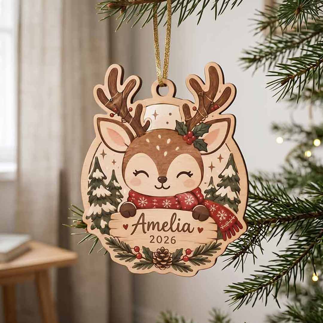 Cute Christmas Reindeer Kids Keepsake Personalized Custom Name Date NewBorn 1-Layer Wooden Christmas Ornament for Children Gift