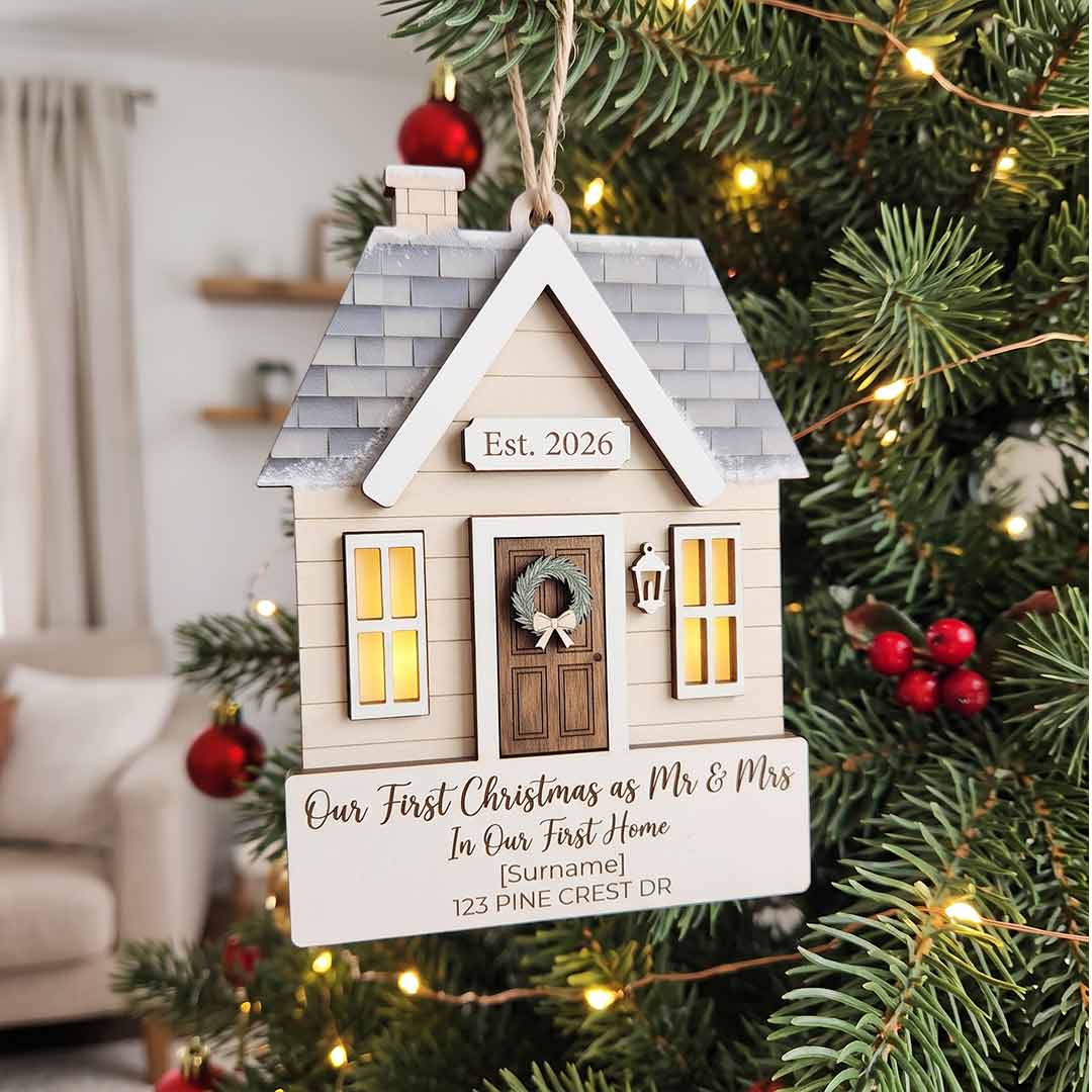 Our First Christmas as Mr and Mrs in Our First Home Personalized New Home Custom Name Date Address Christmas Ornament