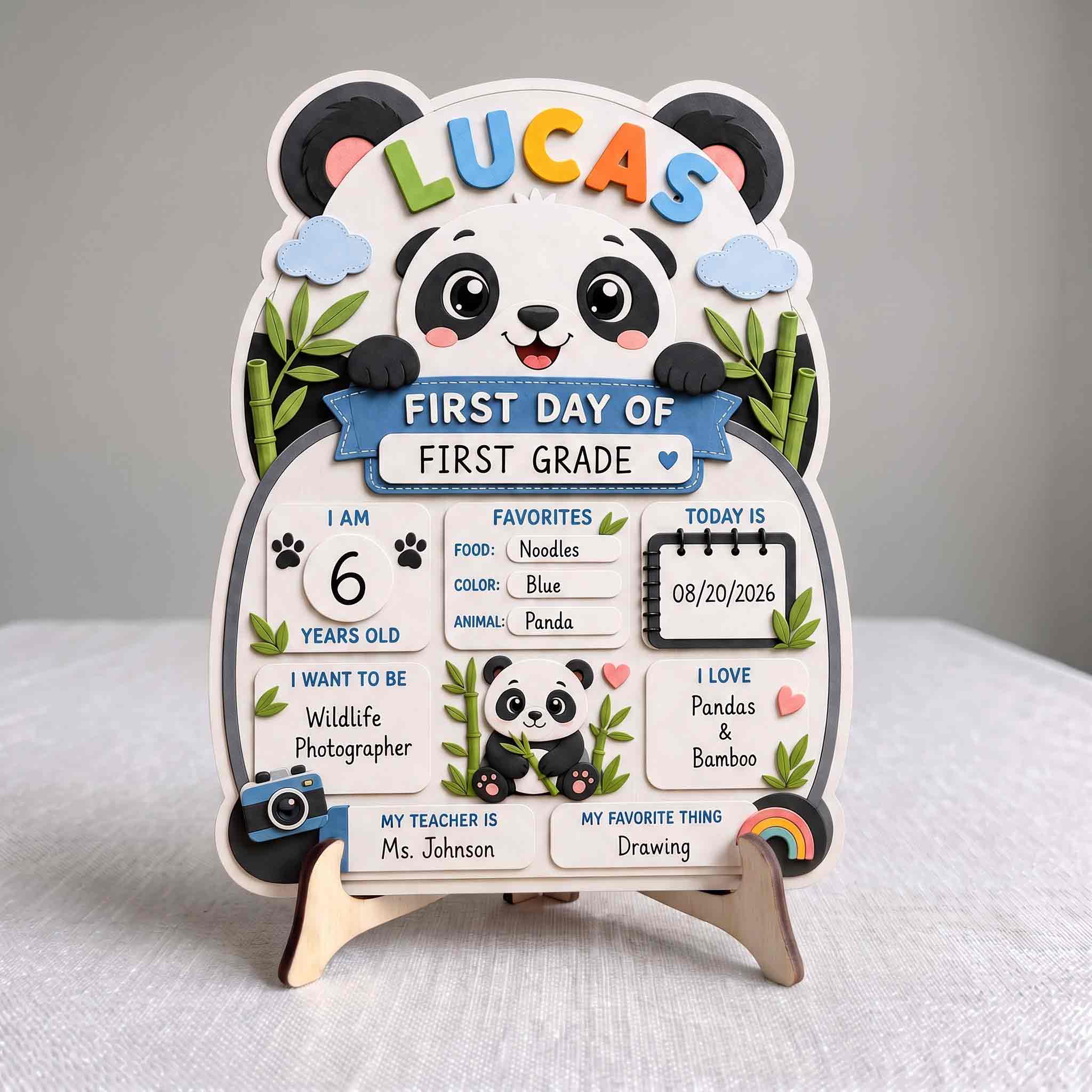 Personalized Cute Panda Bear First & Last Day School Sign, Reusable Dry Erase Board, Back to School Sign