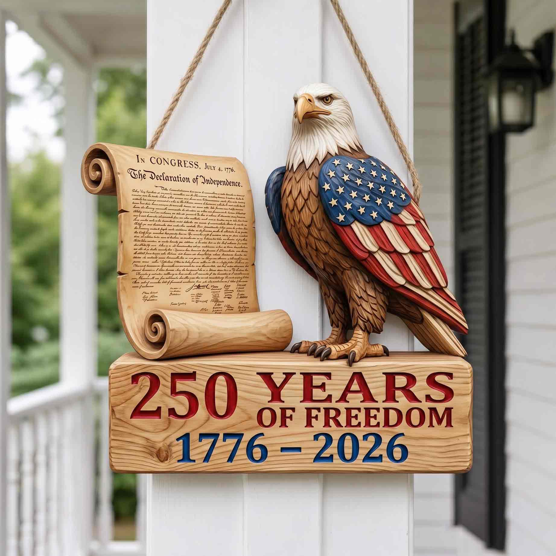 America 250 Wooden Sign Featuring the Declaration of Independence and Bald Eagle