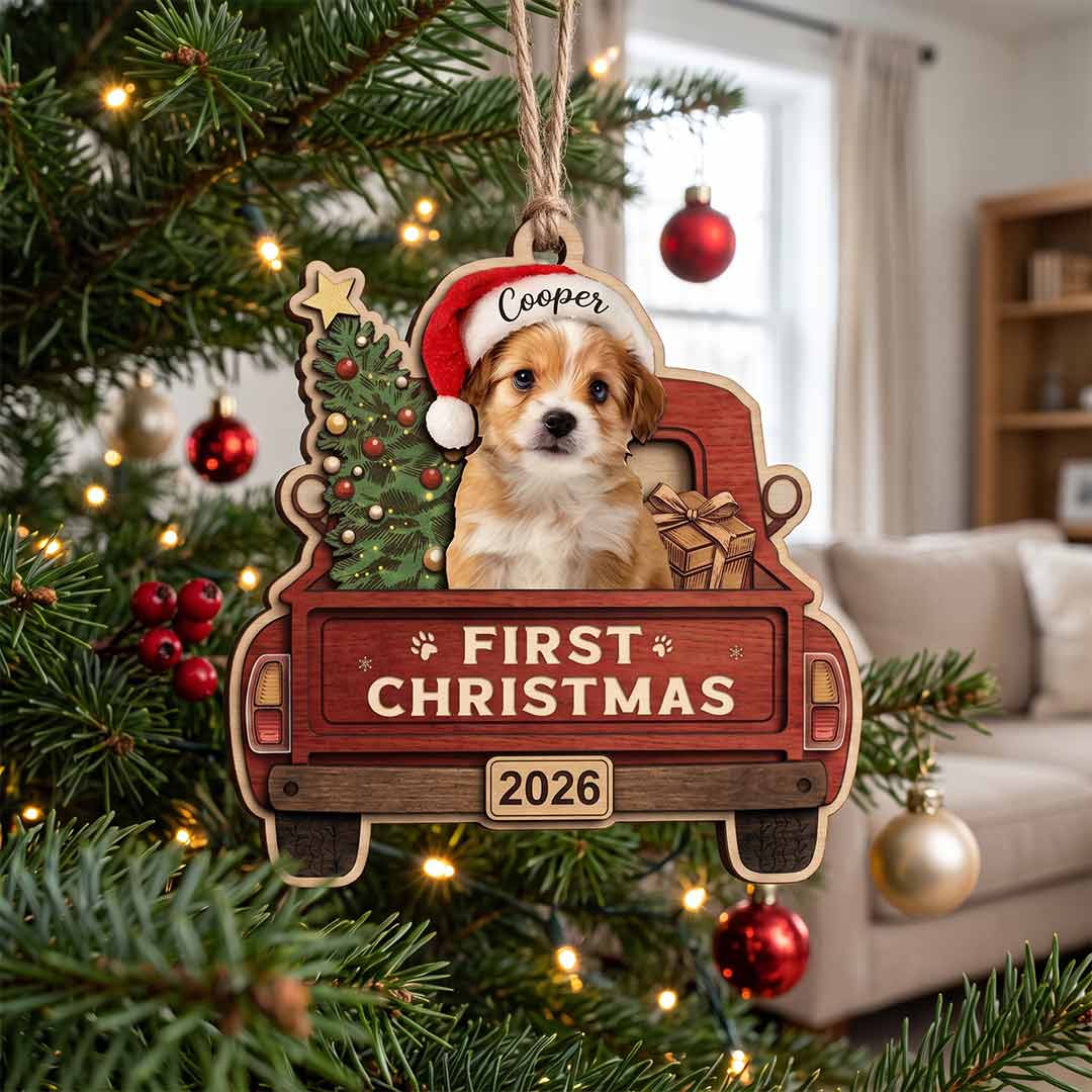 Pet First Christmas Santa Truck Personalized Custom Name Date Photo Dog 2-Layer Wooden Christmas Ornament First Christmas Gift for Dog Lover