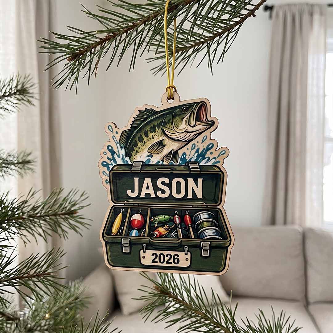 Bass Fishing Tackle Box Fisherman Keepsake Personalized Custom Name Fishing 1-Layer Wooden Christmas Ornament for Fishing Lovers