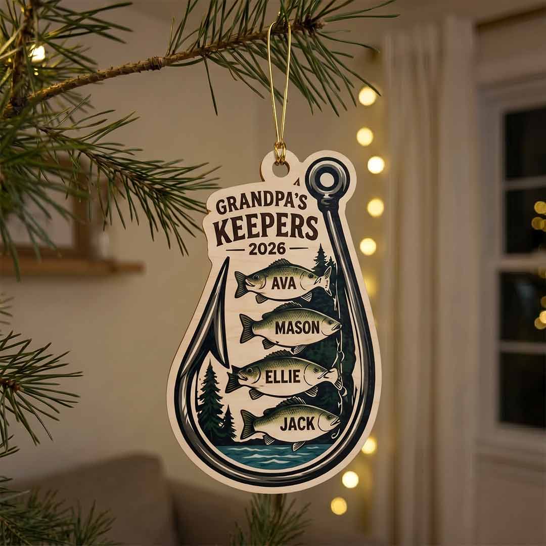 Grandpa's Keepers Fishing Fisherman Father Keepsake Personalized Custom Name Date Fishing 1-Layer Wooden Christmas Ornament for Dad Gift