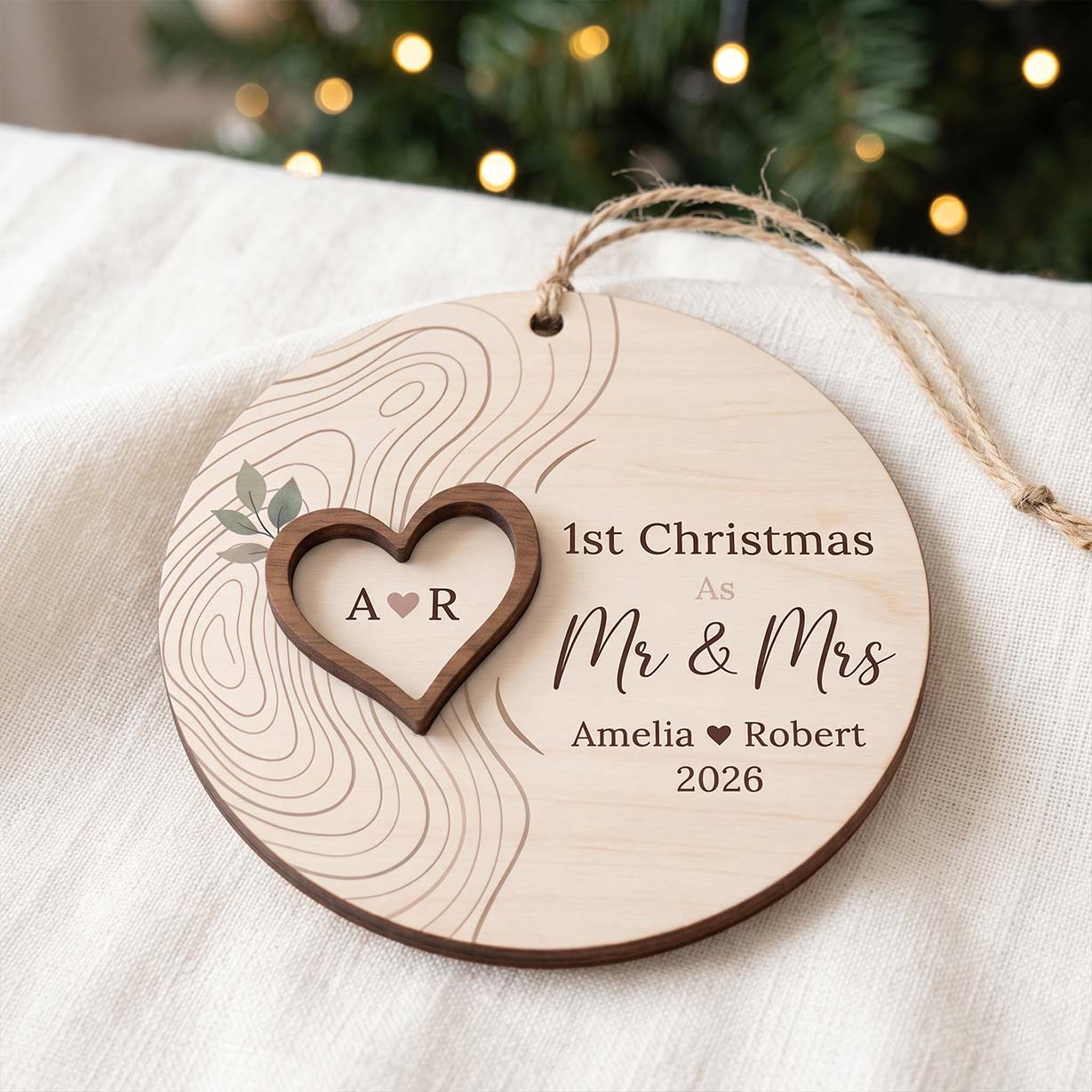 First Christmas Mr and Mrs Heart Custom Names Date First Married Christmas Wooden Ornament