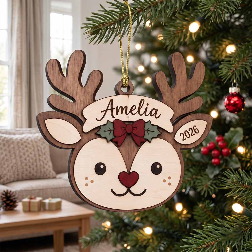 Cute Baby Reindeer 2026 Personalized Custom Name 2 Layered Piece Wooden Christmas Ornament Christmas Keepsake