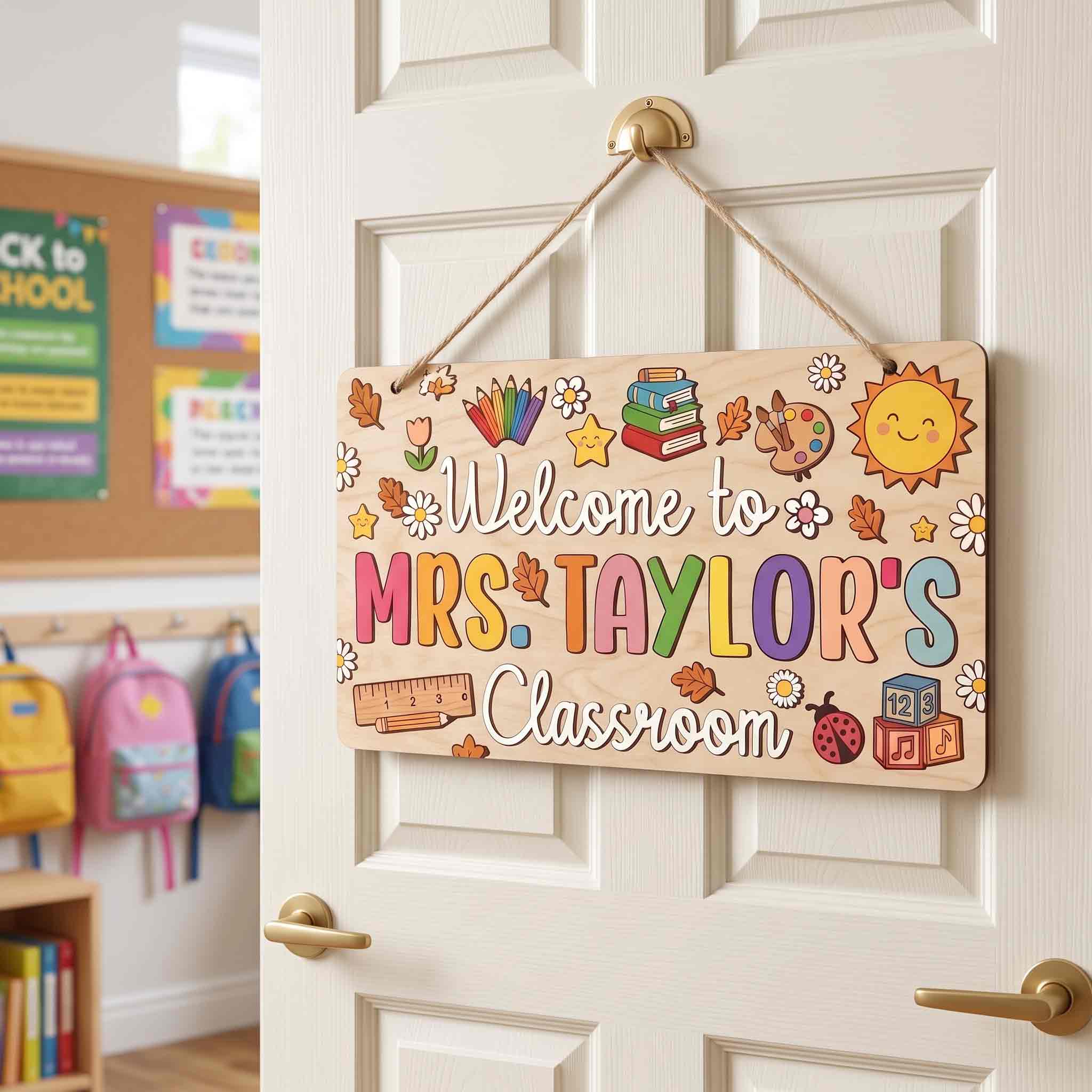 Personalized Welcome to Teacher Classroom Wooden Sign, Custom Fall Classroom Door Hanger with Autumn Leaves