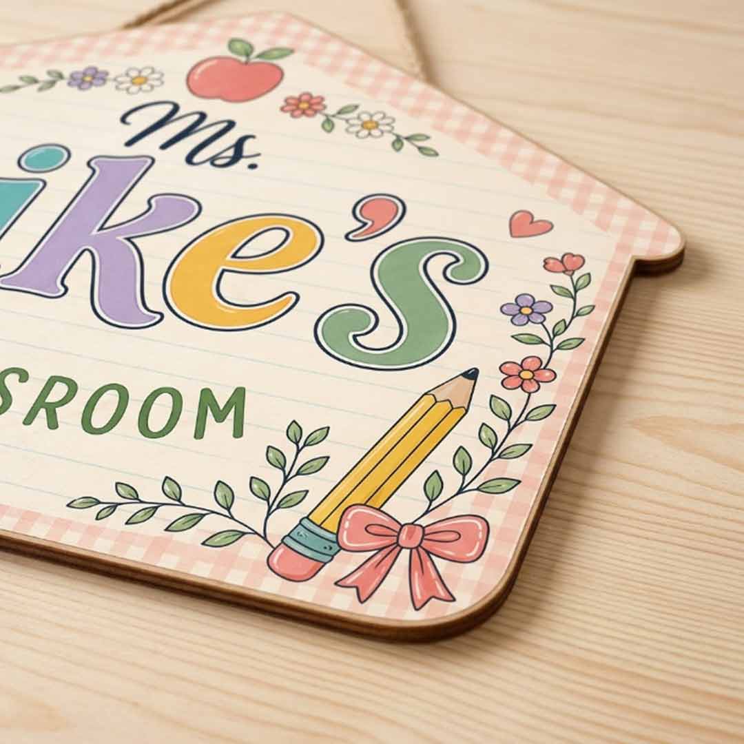 Personalized Teacher Name Wooden Sign Door Hanger Floral Schoolhouse Wooden Classroom Decor, Back to School Sign